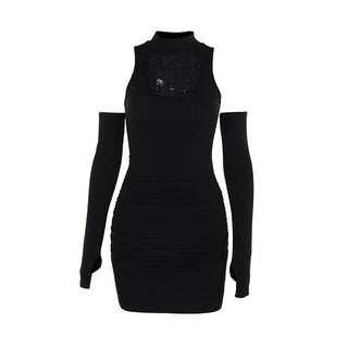 High neck ruched gloves cross pattern mini dress