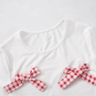 Bowknot long sleeve crewneck plaid mini skirt set