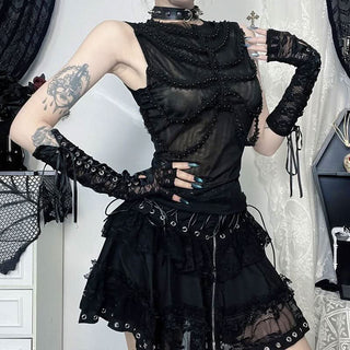 Sleeveless crewneck mesh beaded top