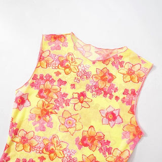 Sleeveless flower print sheer mesh crop top
