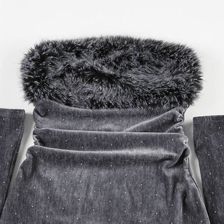 Fluffy gloves beaded tube mini dress