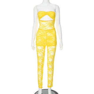 Lace hollow out ruched see through tube pant set