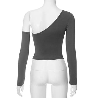 Hollow out solid one shoulder gloves irregular cut out top