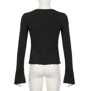 Long flared sleeve crewneck ribbed ruffle solid top