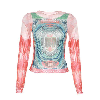 Long sleeve crewneck contrast abstract mesh top