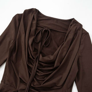 Long sleeve cowl neck o ring self tie ruched hollow out cut out top