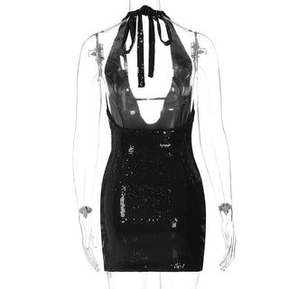 Halter v neck glitter backless mini dress