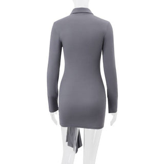 Turnover collar long sleeve button ruched mini dress