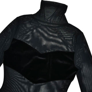 High neck long sleeve mesh patchwork velvet maxi dress