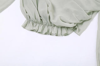 Chiffon flower applique see through off shoulder long sleeve ruched top