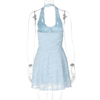 Halter textured knotted ruched button mini dress