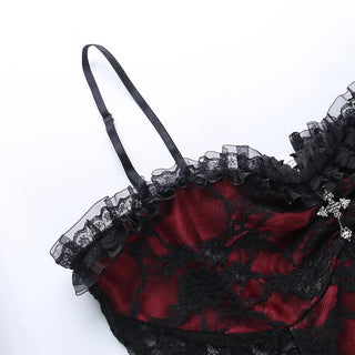Sleeveless lace hem contrast spider web applique backless crop top