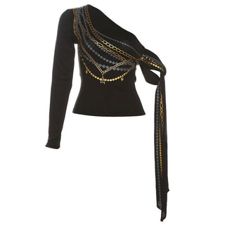 One shoulder long sleeve metal chain print top