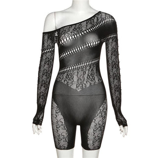 Off shoulder gloves long sleeve lace fishnet button see through romper