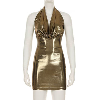 Halter cowl neck metallic backless mini dress
