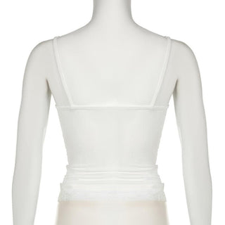 Flower applique ribbon ruched lace hem cami top