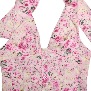 Halter smocked button flower print mini skirt set