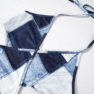 Halter patchwork denim hollow out cut out mini dress