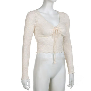 Long sleeve drawstring ruched lace ruffle top