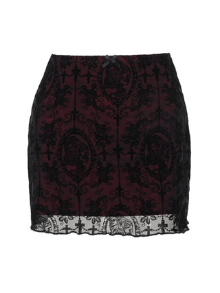 Print mesh bowknot ruffle mini skirt