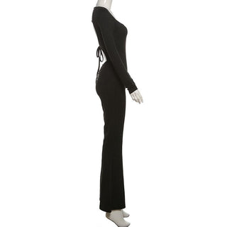 Long sleeve u neck backless self tie solid jumpsuit