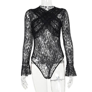 Long flared sleeve lace cross front bodysuit