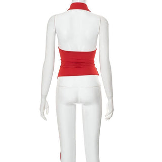 Halter turnover collar irregular button backless top