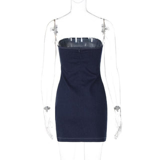 Denim stitch zip-up backless tube mini dress