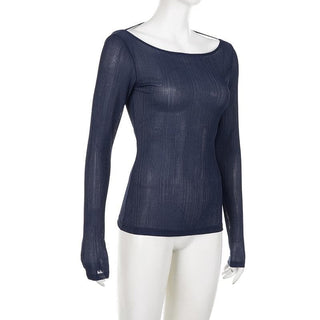 Self tie backless round neck long sleeve textured top