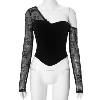 One shoulder sweetheart neck long sleeve lace top