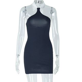 Halter turnover collar button backless mini dress