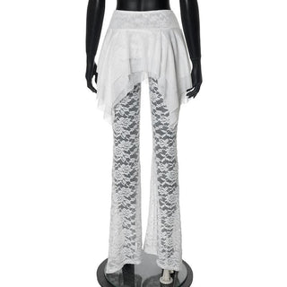 Ruched lace ruffle solid high rise pant