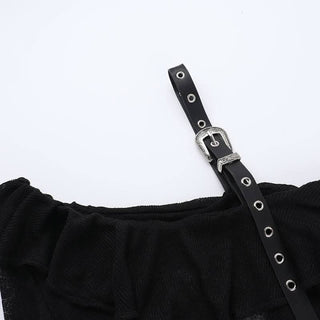 Off shoulder long sleeve ruffle cross pattern buckle top