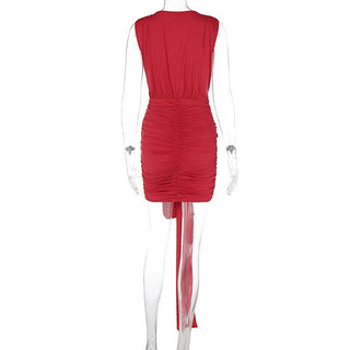 Deep V neck ruched solid mini dress