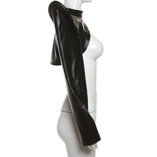 PU leather long sleeve zip-up crop top