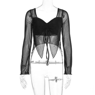 Mesh long sleeve v neck leopard print ruched top