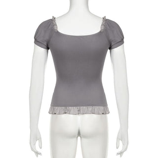 Short puff sleeve stitch ruffle bowknot top