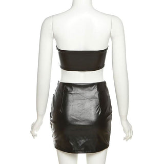 PU leather zip-up tube short pant set