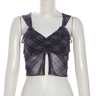 V neck plaid print bowknot crop top