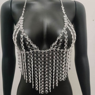 Halter crystal tassels beaded hollow out cut out top