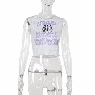 Crewneck textured letter print contrast top