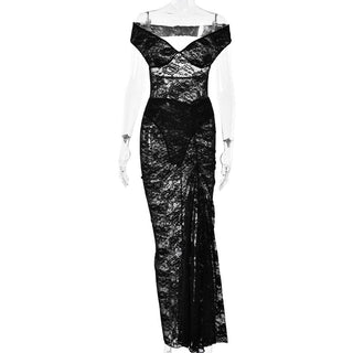 Off shoulder lace backless see through maxi skirt set