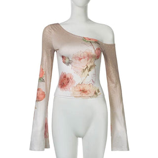Long sleeve one shoulder flower print gradient top