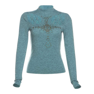 High neck long sleeve beaded cross pattern hollow out cut out top