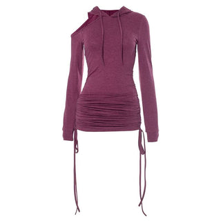 Hoodie long sleeve drawstring off shoulder mini dress