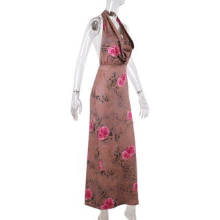 Halter cowl neck flower print ruched maxi dress