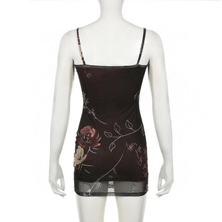Flower print lace hem mesh cami mini dress