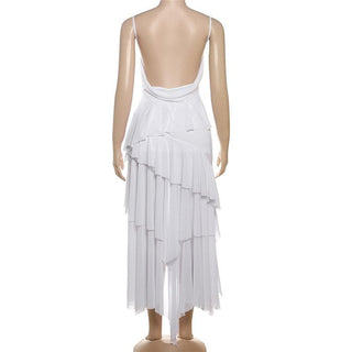V neck sheer mesh ruffle cami midi dress