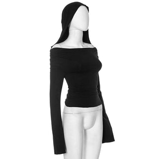 Cowl neck hoodie long flared sleeve solid 2-way top