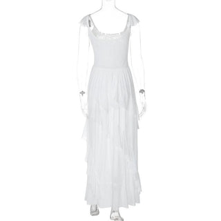 Ruched ruffle square neck sheer mesh cami maxi dress